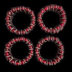 Set of 4 Ruby Red Beaded Napkin Rings Wrapped in Silver Wire Elegant Table Decor